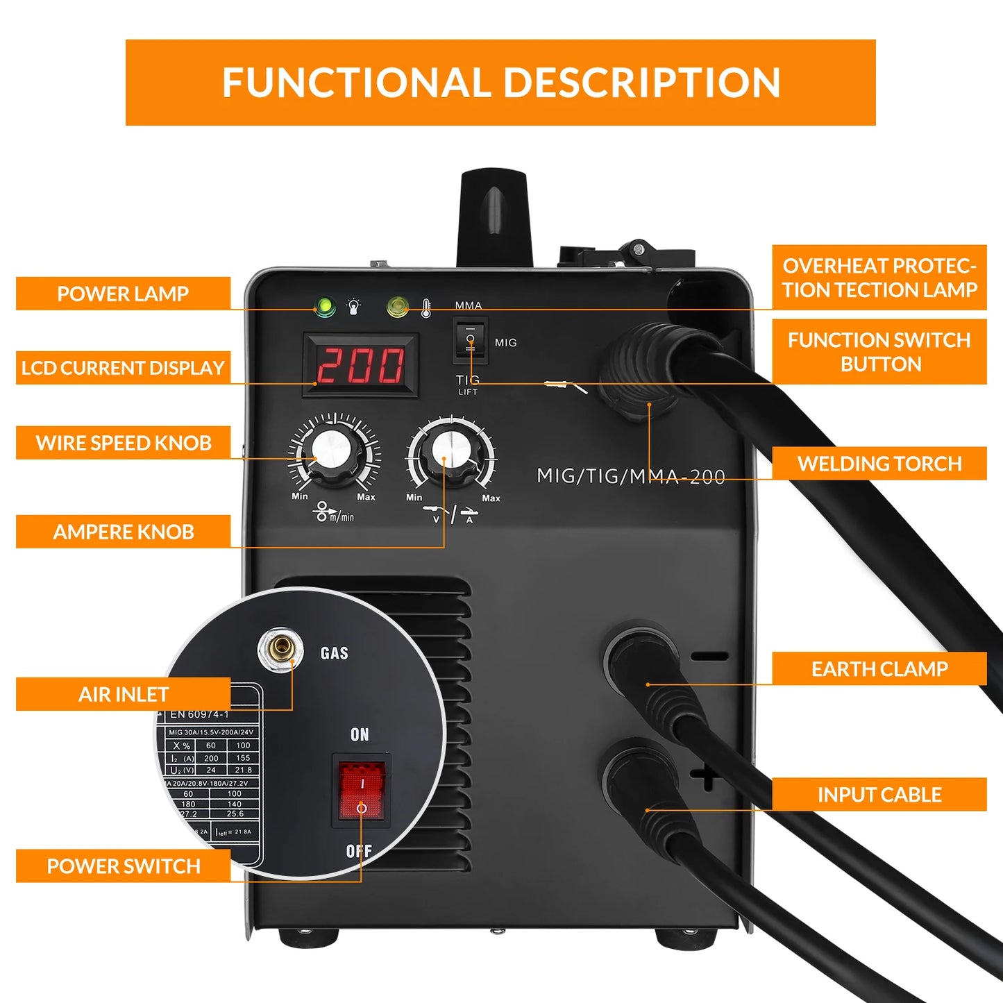 DEKO MKA-200 MIG/TIG/MMA 3 IN 1 Electric Welding Machine MIG Welder 5.6KVA 220V 50/60Hz Integrated Welding Gun