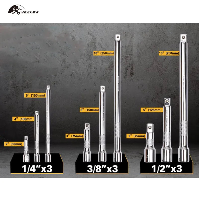 3-Piece/9-Piece Extension Bar Set 1/4", 3/8" and 1/2" Drive Socket Extensions