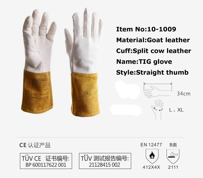 Leather Welding Work Gloves TIG Welder Soft Sensitive 34 cm(13") Goatskin Arc Cowhide Cuff CE High Quality