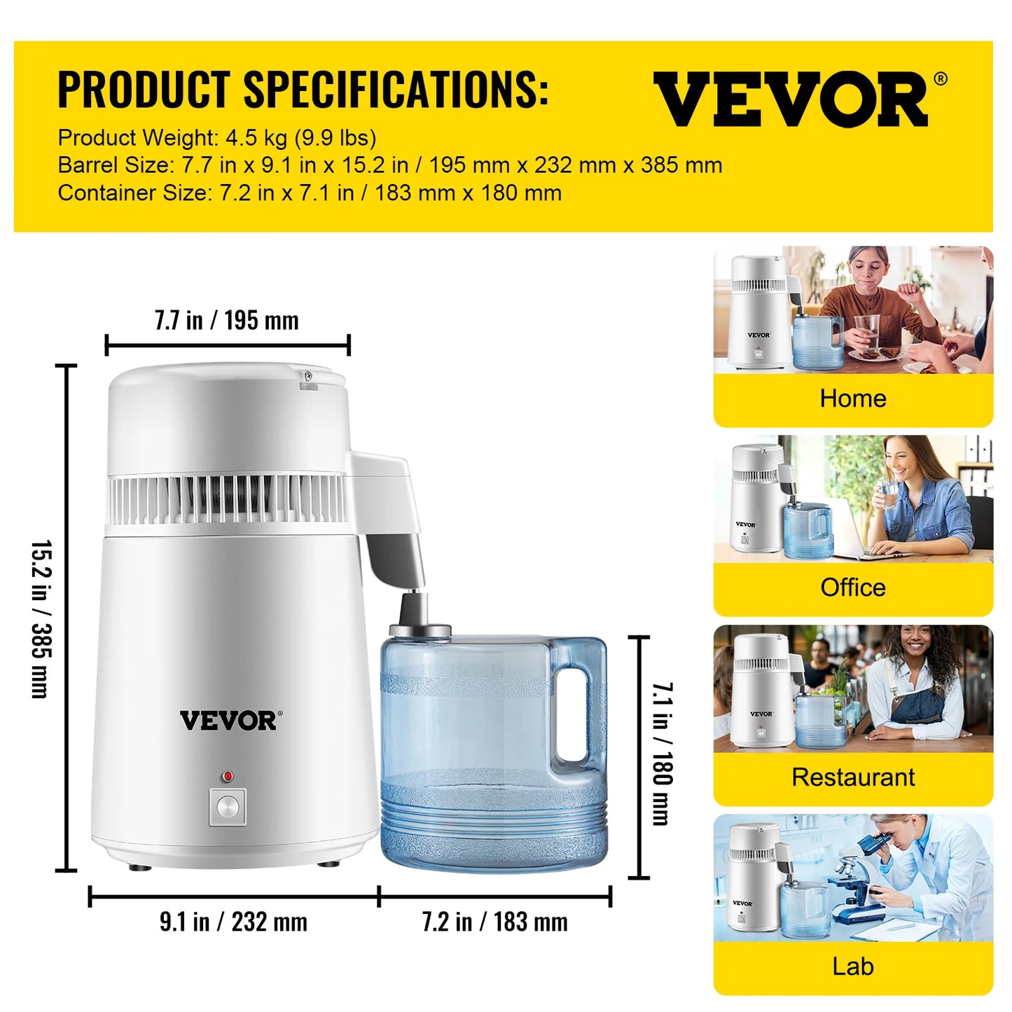 VEVOR 4L Water Distiller Purifier Filter Dispenser Heating Drinking Bottle Softener 304 Stainless Steel Home Appliance for Office