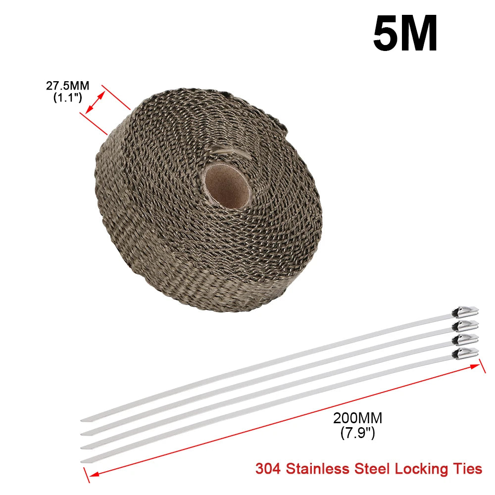 5M/10M/15M Motorcycle Exhaust Thermal Tape Header Heat Wrap Manifold Insulation Roll Resistant with Stainless Ties