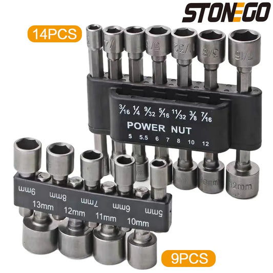 STONEGO 9PCS/14PCS Hex Socket Sleeve Nozzles Nut Driver Bit Set Hand Tools