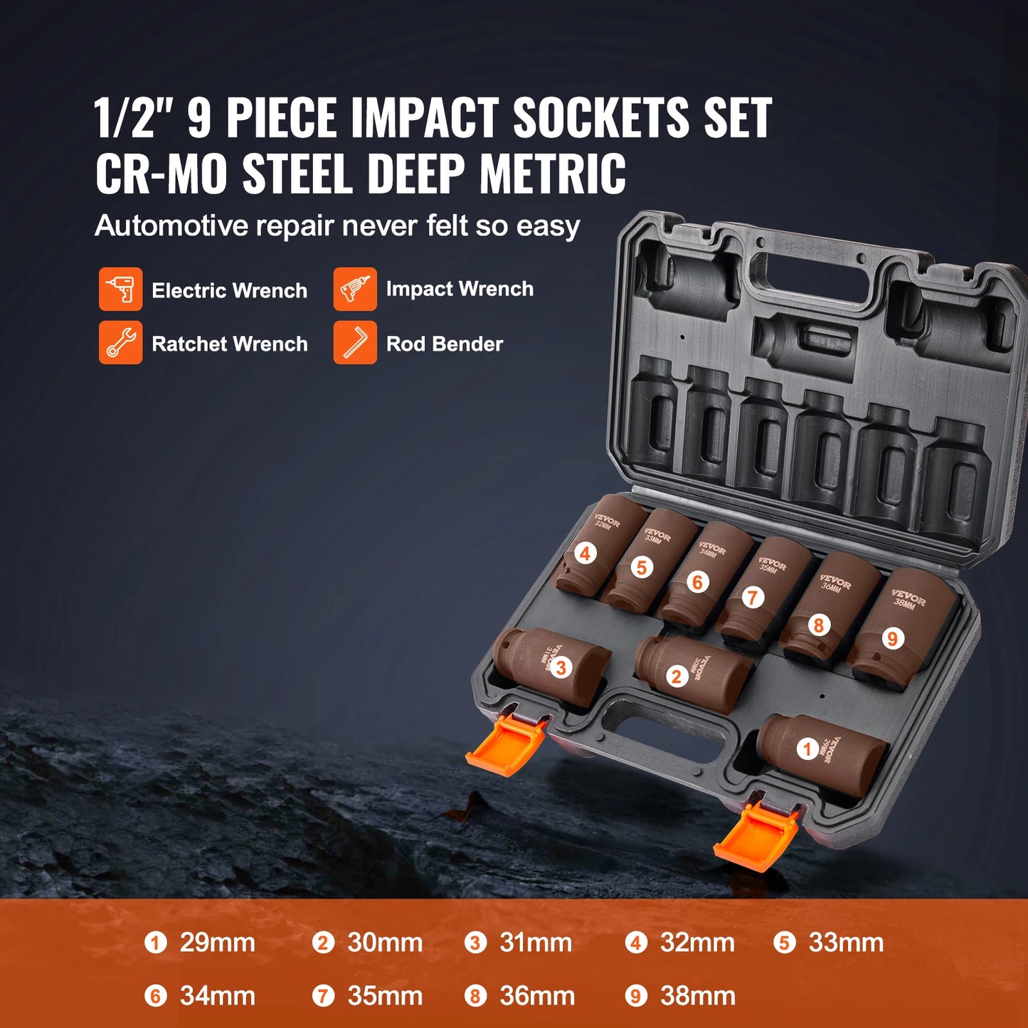 VEVOR 1/2" Drive Impact Socket Set 9/11 Piece Deep Socket Set Metric Cr-Mo Cr-V Alloy Steel for Auto Repair Ratchet Tool Kit