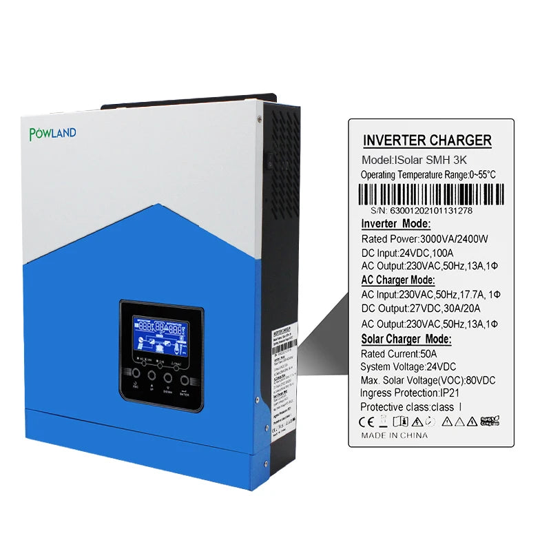 POWLAND Solar Inverter 3KVA 24V 220V Hybrid Inverter Pure Sine Wave Built-in 50A PWM Solar Charge Controller Battery Charger