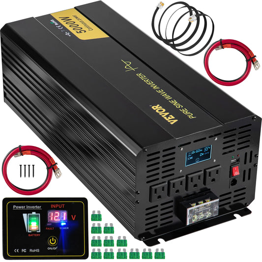 VEVOR Pure Sine Wave Power Inverter 12V DC to 120V AC Aluminum Alloy LCD Screen & LED Indicators for Powering Laptop Fan Grinder