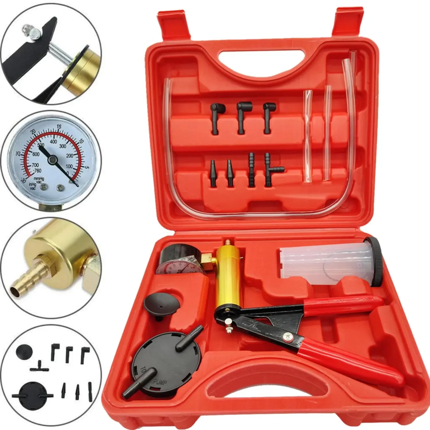 Manual Vacuum Pressure Pump Brake Fluid Drain Kit Vacuum Pistol Pump Tester Kit Portable Durable Aluminum Vacuum Gauge