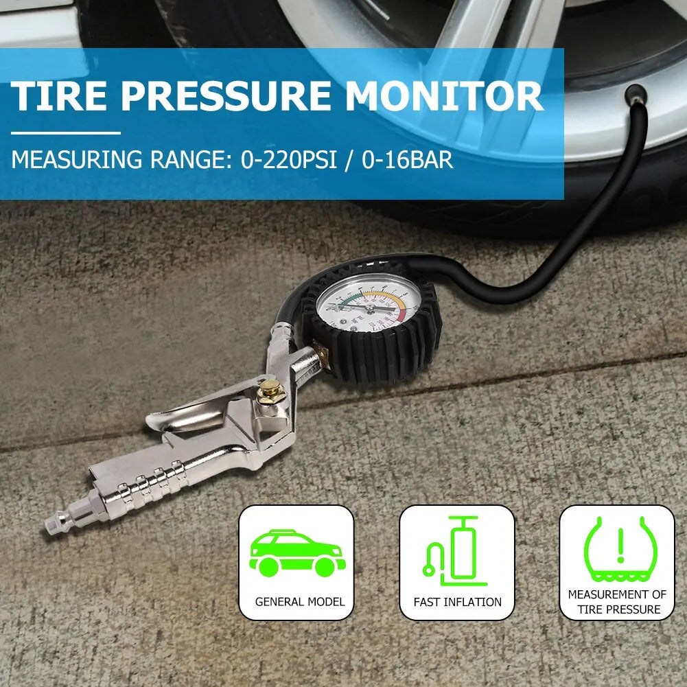 220PSI Car Motorcycle Multifunctional Tire Air Pressure Monitoring Gauge Tester Air Compressor Dial Meter Inflator Pump Tools