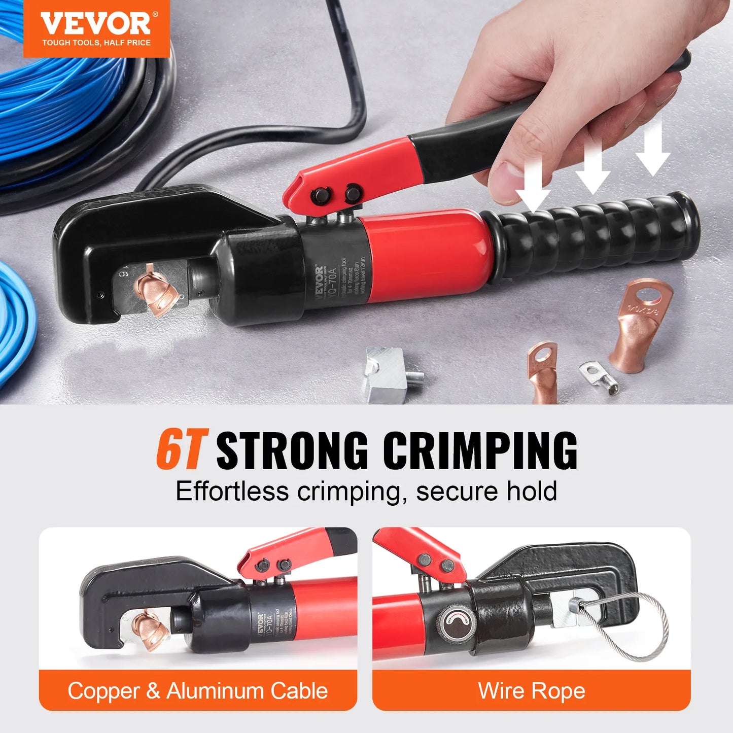 VEVOR AWG12-2/0 Crimping Tool Copper And Aluminum Terminal Battery Lug Hydraulic Crimper,with a Cutting Pliers, Gloves