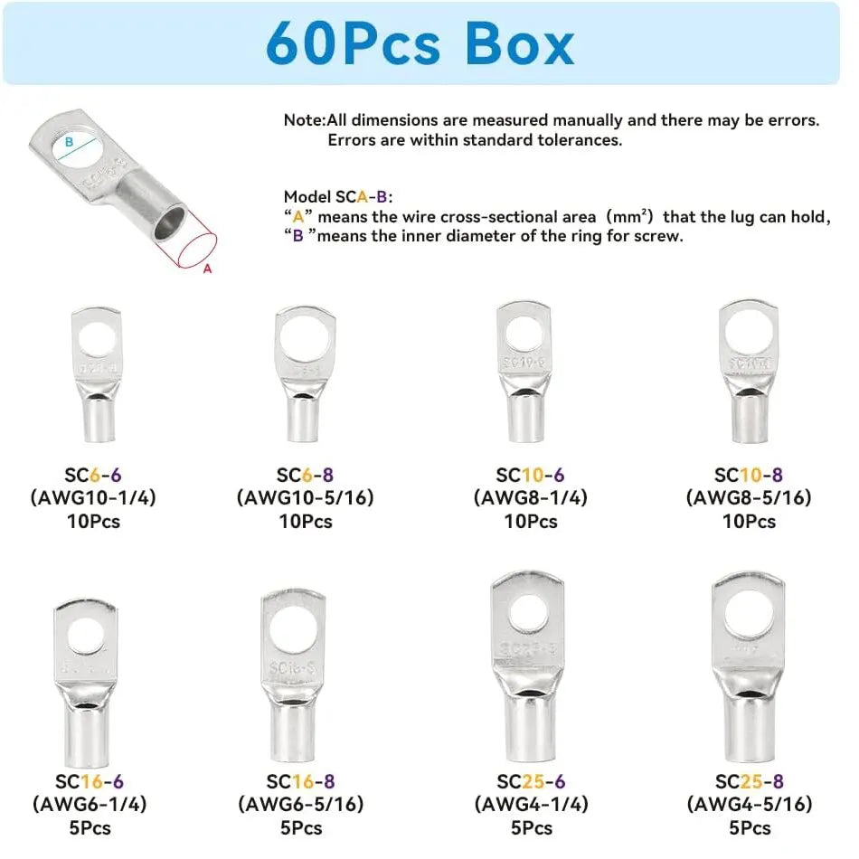 Battery Cable Lug Crimping Tool 10-1 AWG with 60Pcs Copper Ring Terminals 8 Sizes Cable Lugs Set, Heavy Duty Wire Crimper