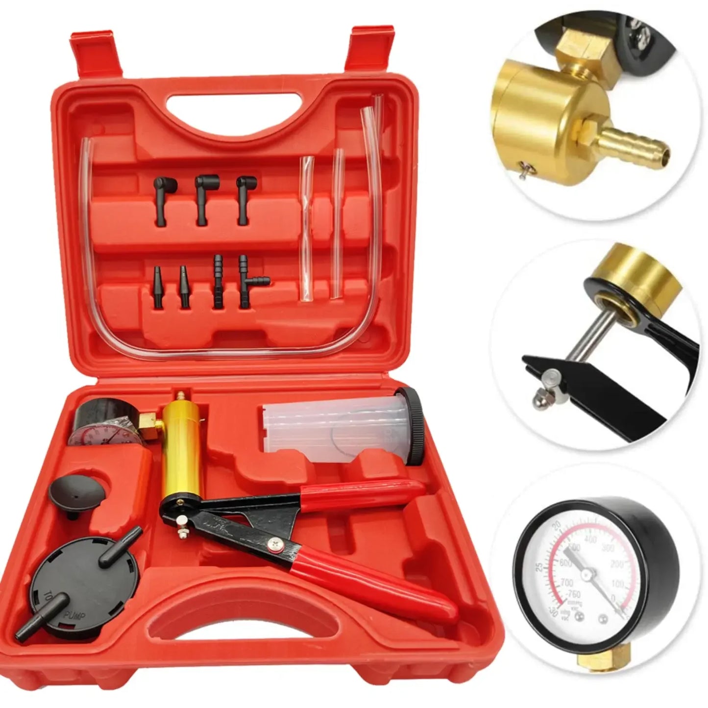 Manual Vacuum Pressure Pump Brake Fluid Drain Kit Vacuum Pistol Pump Tester Kit Portable Durable Aluminum Vacuum Gauge