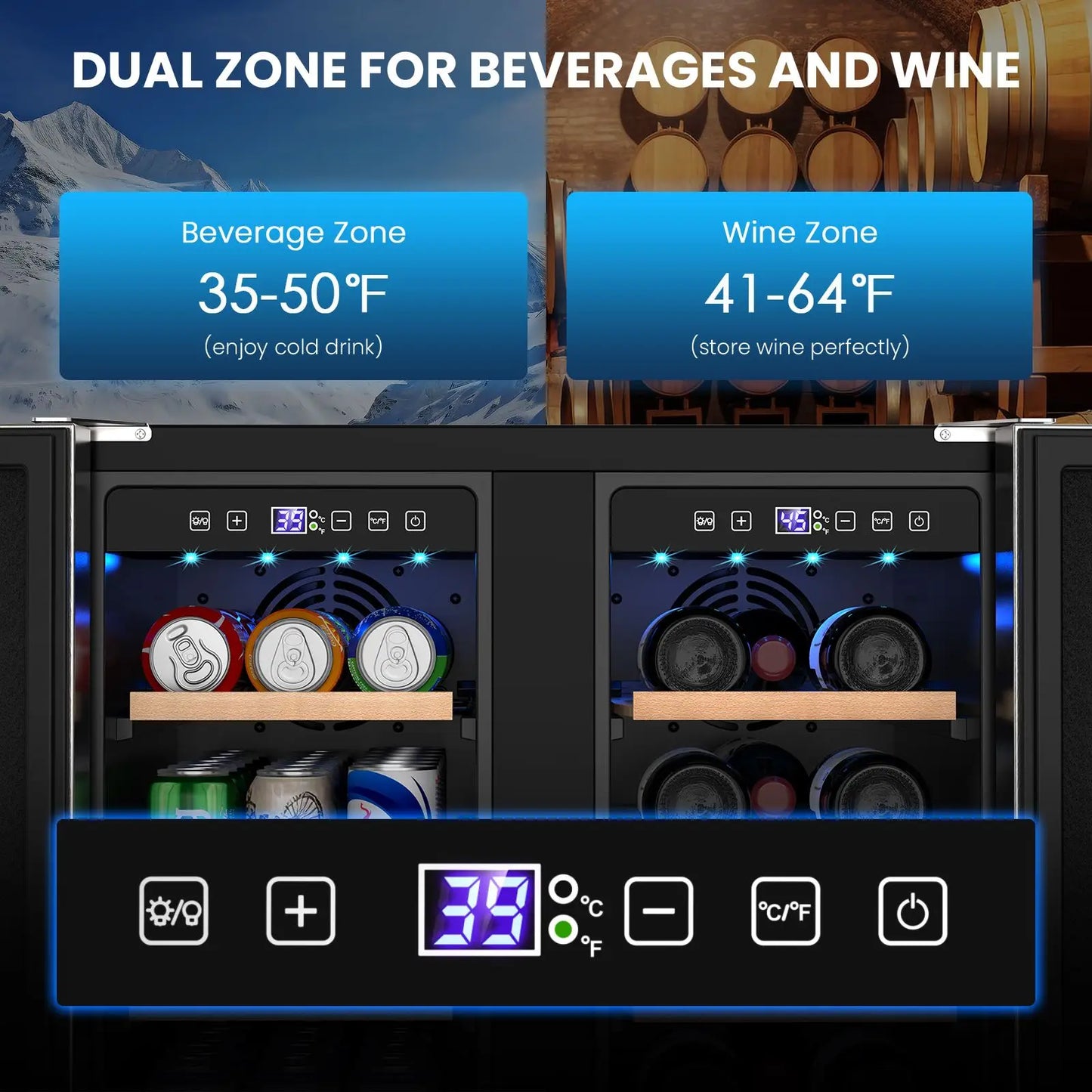 24 Inch Outdoor Wine and Beverage Refrigerator Dual Zone Wine Fridge Under Counter Wine Cooler Beer Fridge Built-In Freestanding