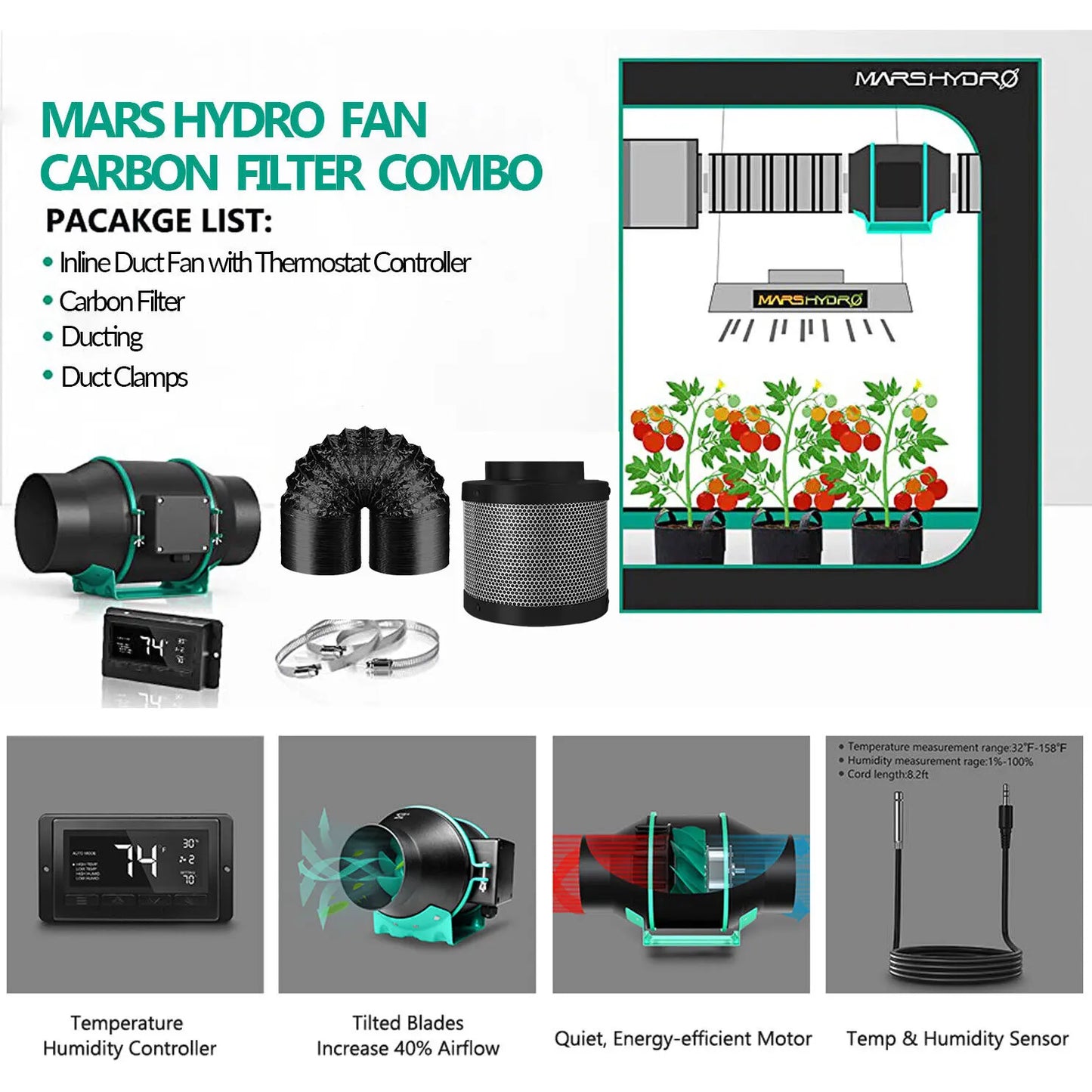 Mars Hydro 6" Inline Duct Fan Kit Grow Tents Ventilation System With Carbon Filter