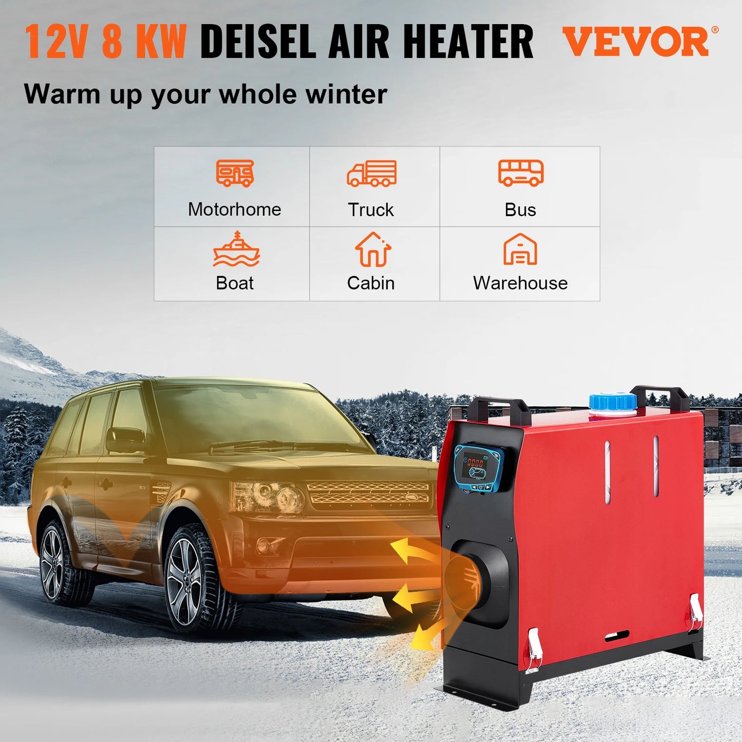 VEVOR 8KW 12V Car Heater Diesel Air Heater All in One with Silencer for Car Bus Trailer RV Various Diesel Vehicle Parking Heater