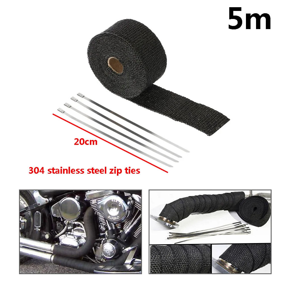 5M/10M/15M Motorcycle Exhaust Thermal Tape Header Heat Wrap Manifold Insulation Roll Resistant with Stainless Ties