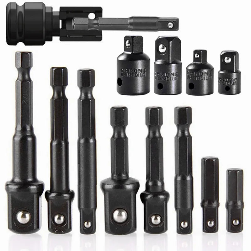 12pcs Impact Socket Adapter And Reducer Set Extension Set Socket Drill Adapter Turns Power Drill Into High Speed Nut Driver, 1/4