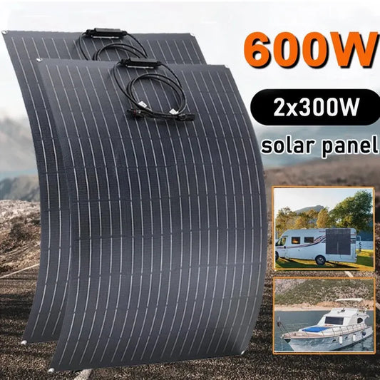 600W 300W Solar Panel Kit 18V Flexible Monocrystalline Solar Cells Power Charger for Outdoor Camping Yacht Motorhome Car RV Boat