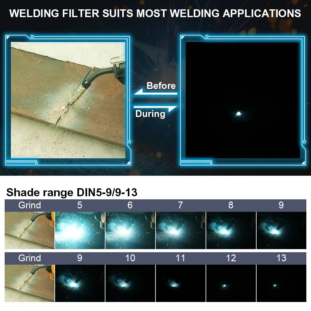 Welding Helmet 4 Sensors with Grinding mode, Solar Li Battery Auto Darkening Welding Mask, and lenses.