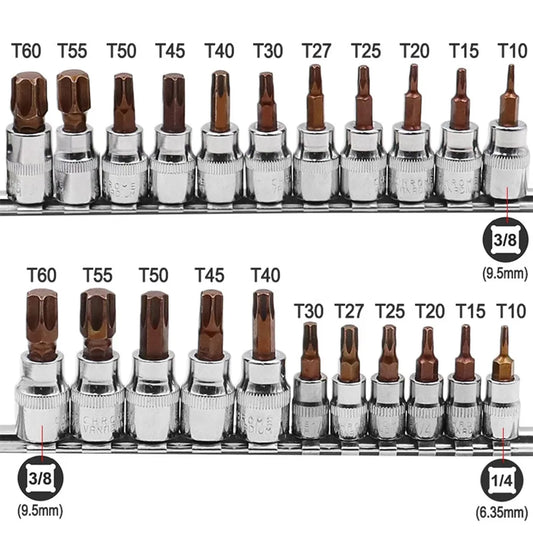 11Pcs Drive Socket Set Torx Screwdriver Bits 3/8 1/4inch Wrench Socket Adapter T10 T15 T20 T25 T27 T30 T40 T45 T50 T55 T60