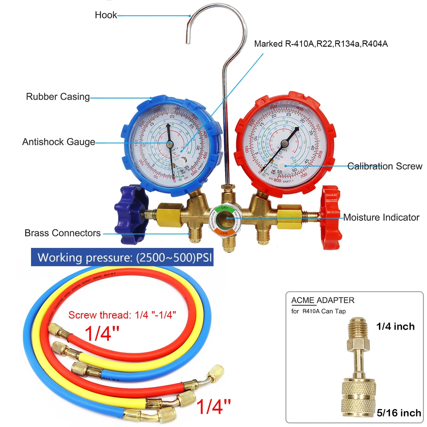 R410A R22 R134a R404A Manifold Gauge Set HVAC A/C Refrigeration Charging Service with Hoses Adjustable Couplers Adapter Can Tap