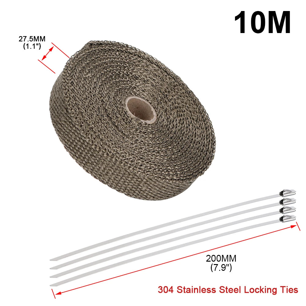 5M/10M/15M Motorcycle Exhaust Thermal Tape Header Heat Wrap Manifold Insulation Roll Resistant with Stainless Ties