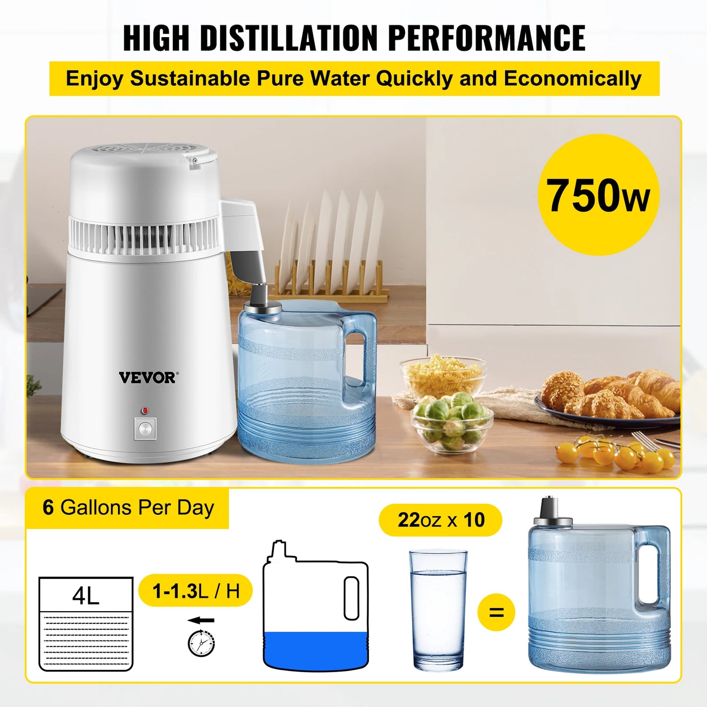 VEVOR 4L Water Distiller Purifier Filter Dispenser Heating Drinking Bottle Softener 304 Stainless Steel Home Appliance for Office