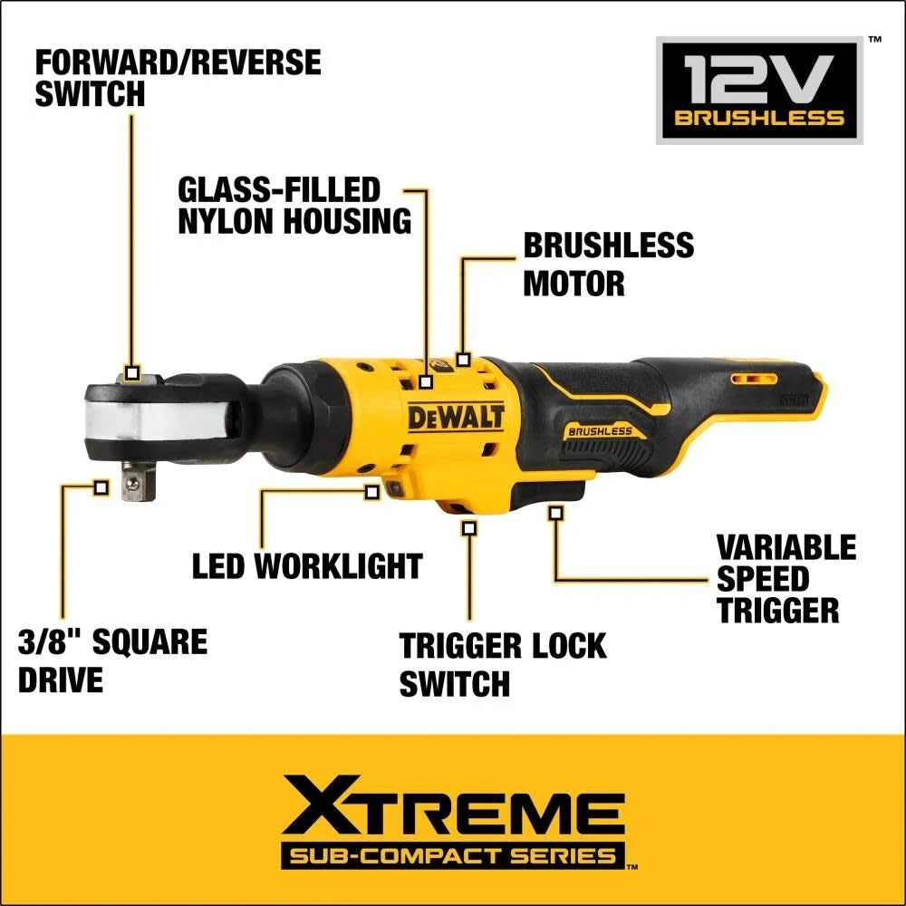 DEWALT DCF503 Brushless 12V XTREME  Ratchet Wrench 3/8 in 81Nm 250RPM  Variable speed with Wrench  LED worklights (TOOL ONLY)