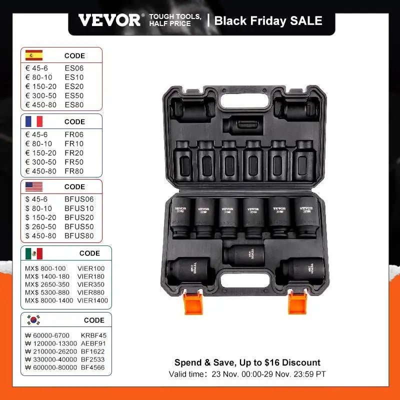 VEVOR 1/2" Drive Impact Socket Set 9/11 Piece Deep Socket Set Metric Cr-Mo Cr-V Alloy Steel for Auto Repair Ratchet Tool Kit